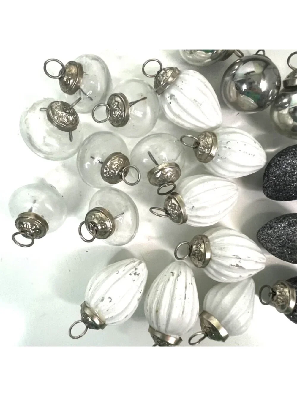 DOFT Mini Mercury Glass Christmas Ornaments Set White Silver Clear w/ Box Lid